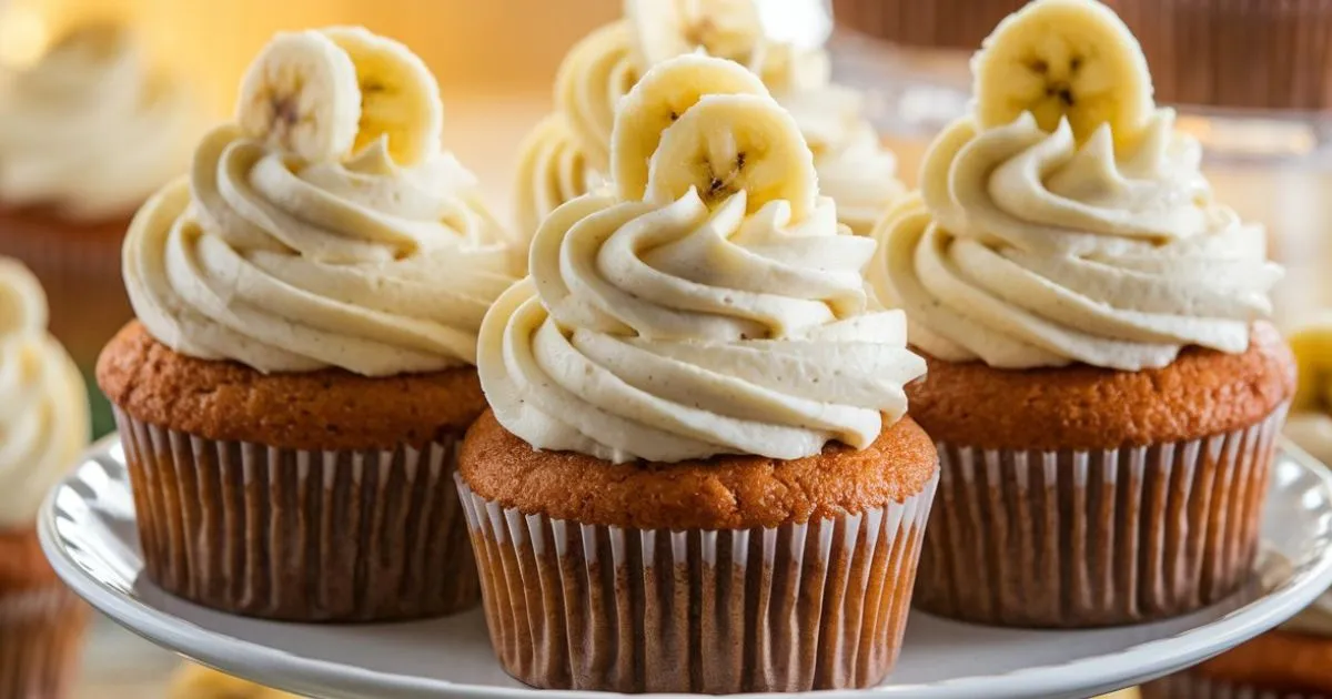 Delicious banana cupcake with cream cheese frosting, topped with a banana chip